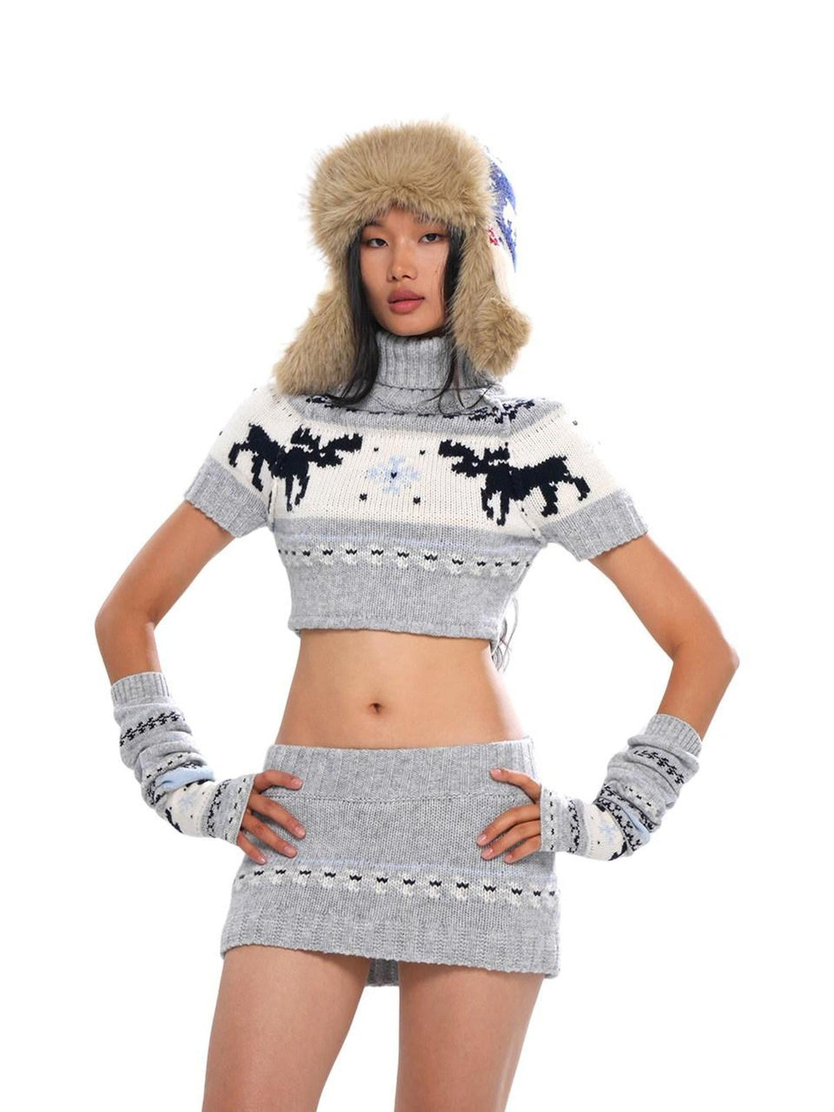 Reindeer High Neck Cropped Short Sleeve Women's Wool Blend Matching Skirt Sets