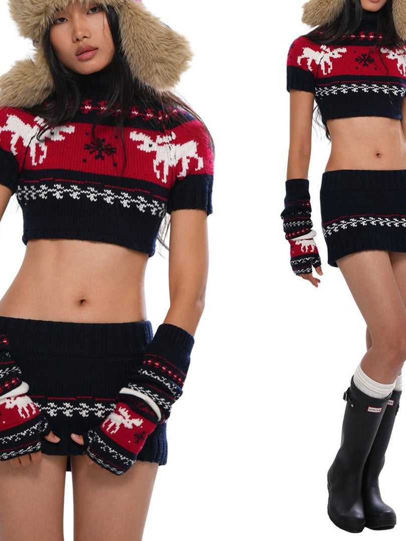 Reindeer High Neck Cropped Short Sleeve Women's Wool Blend Matching Skirt Sets
