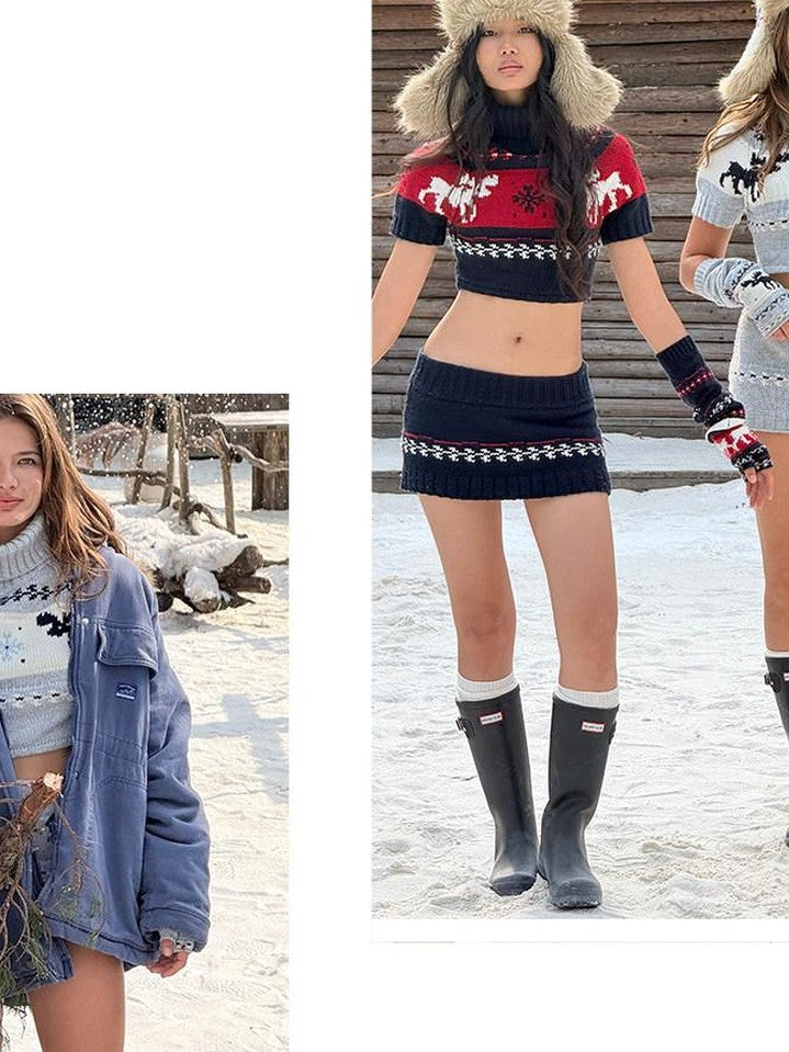 Reindeer High Neck Cropped Short Sleeve Women's Wool Blend Matching Skirt Sets