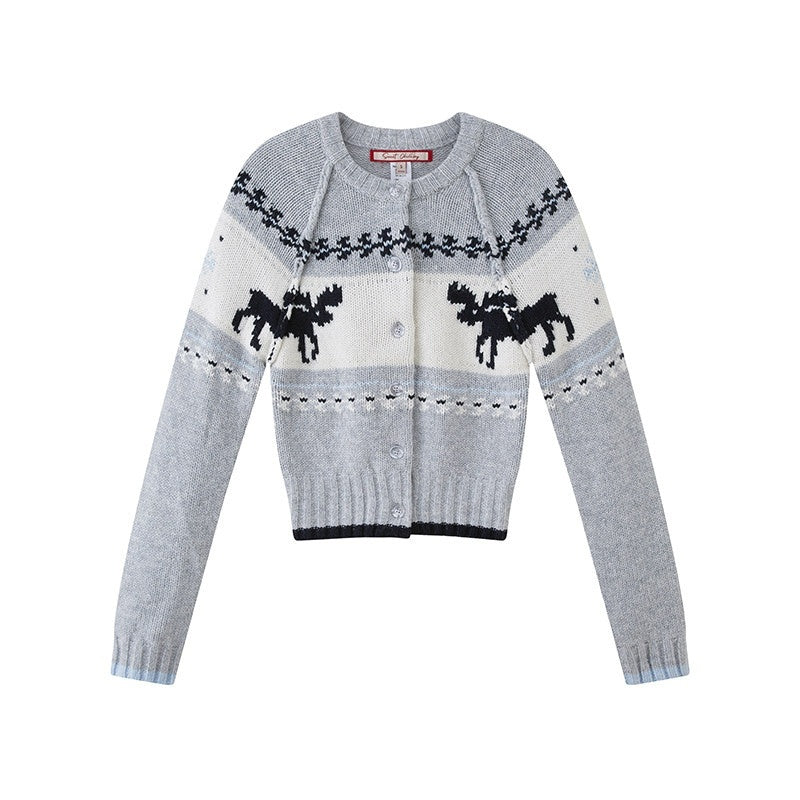 Reindeer Jacquard Contrast Cropped Women's Wool Blend Matching Skirt Sets