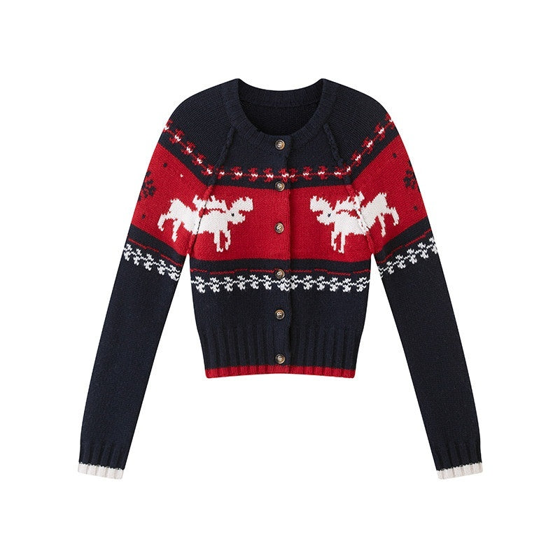 Reindeer Jacquard Contrast Cropped Women's Wool Blend Matching Skirt Sets