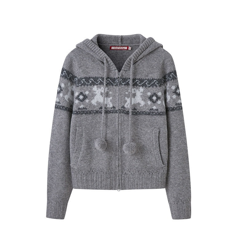 Reindeer Jacquard Hooded Knit Women's Acrylic Blend Matching Skirt Sets