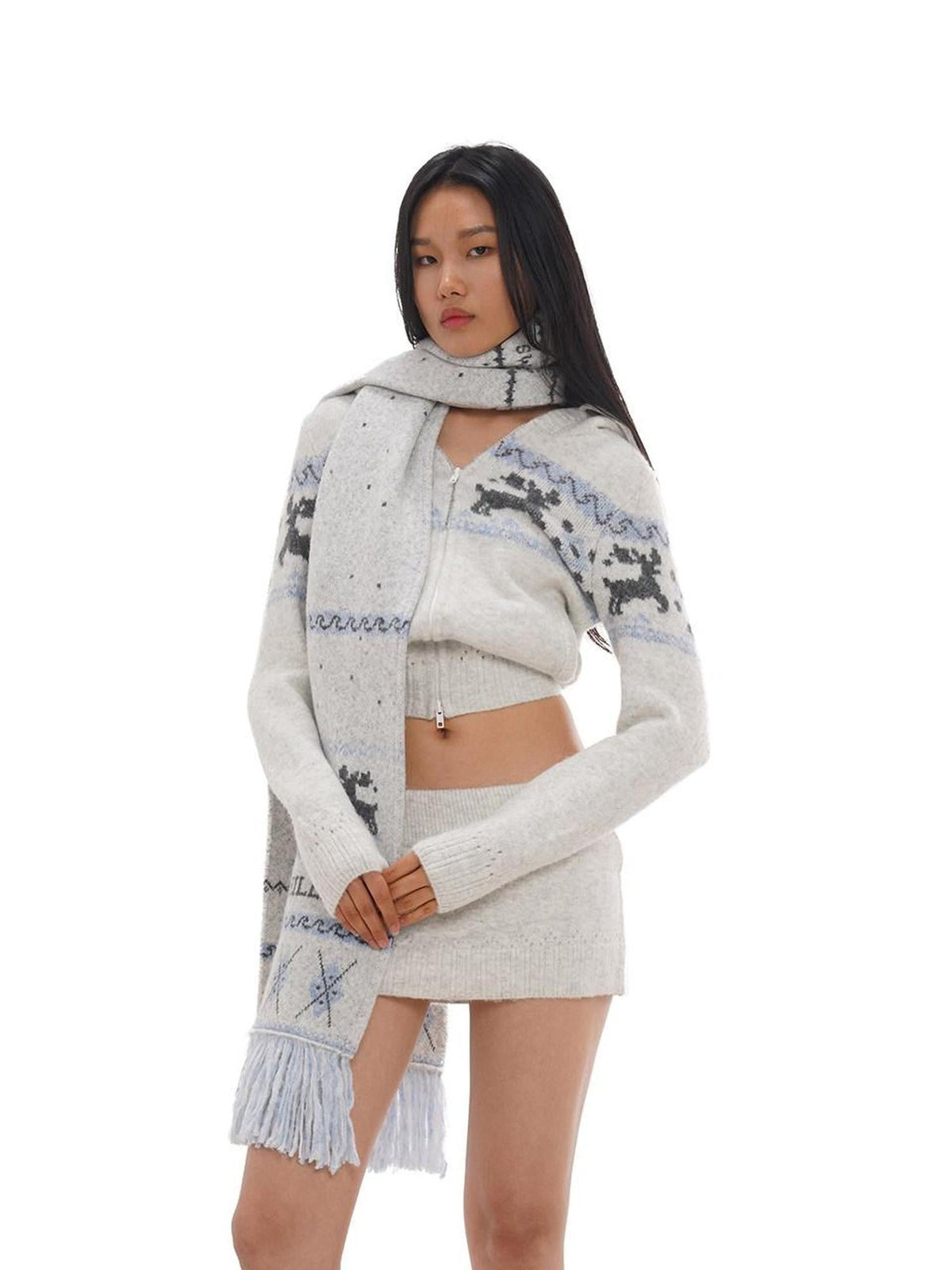 Reindeer Jacquard Hooded Knit Women's Acrylic Blend Matching Skirt Sets