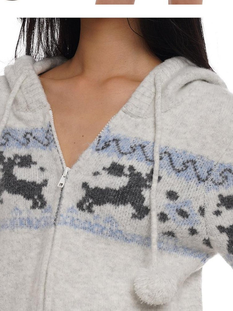 Reindeer Jacquard Hooded Knit Women's Acrylic Blend Matching Skirt Sets