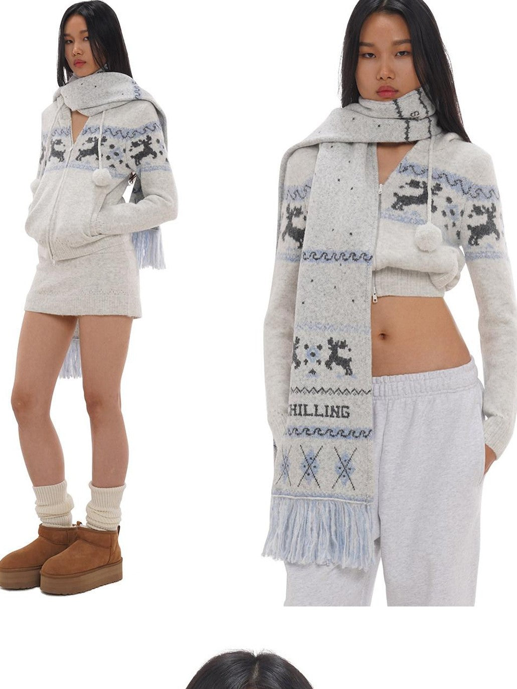 Reindeer Jacquard Hooded Knit Women's Acrylic Blend Matching Skirt Sets