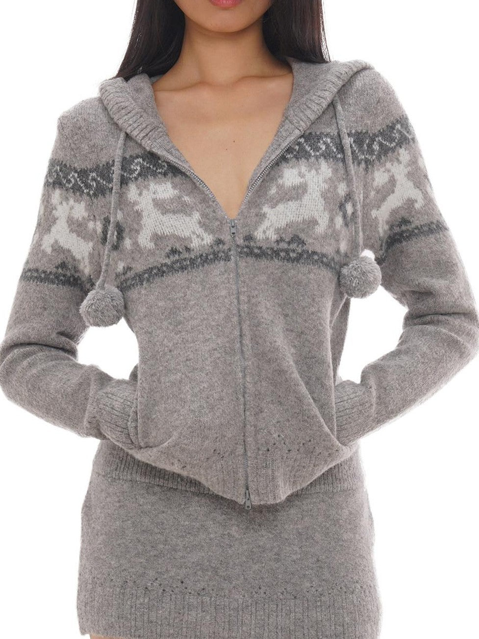 Reindeer Jacquard Hooded Knit Women's Acrylic Blend Matching Skirt Sets