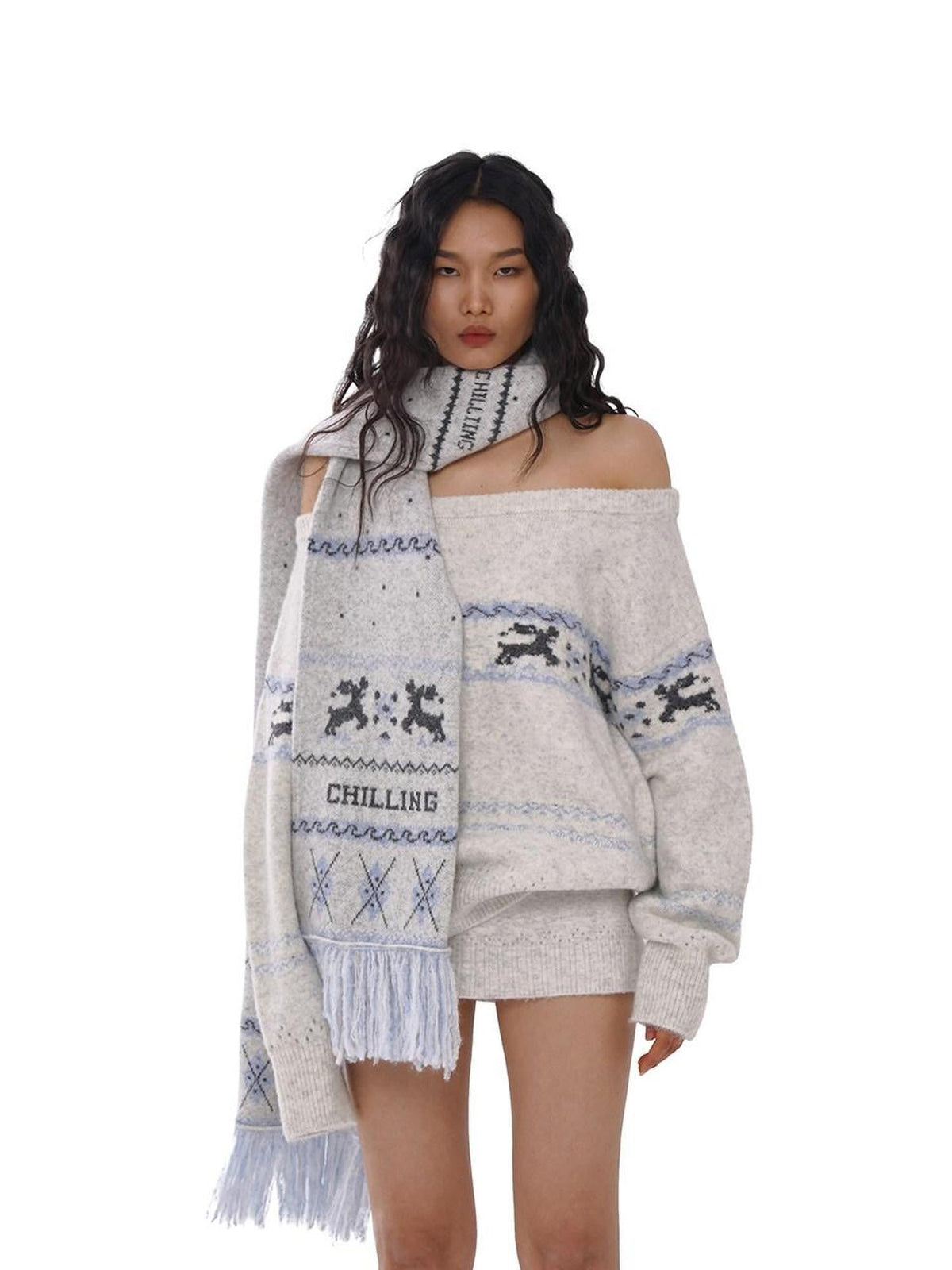 Reindeer Jacquard Loose Women's Acrylic Blend Off-shoulder Sweaters