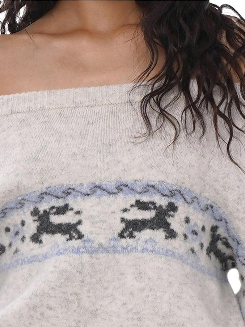 Reindeer Jacquard Loose Women's Acrylic Blend Off-shoulder Sweaters