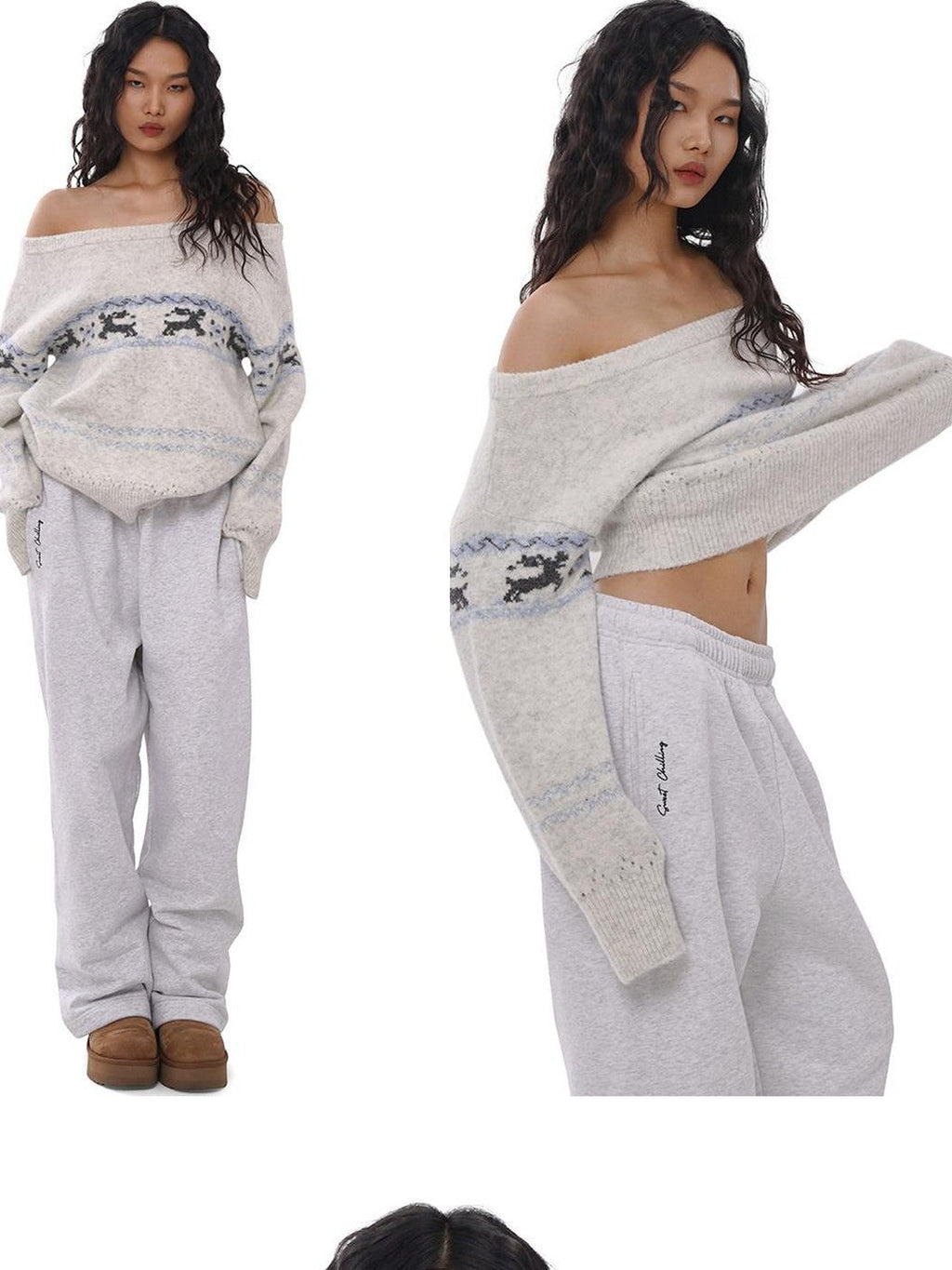 Reindeer Jacquard Loose Women's Acrylic Blend Off-shoulder Sweaters