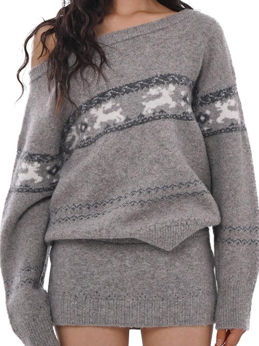 Reindeer Jacquard Loose Women's Acrylic Blend Off-shoulder Sweaters