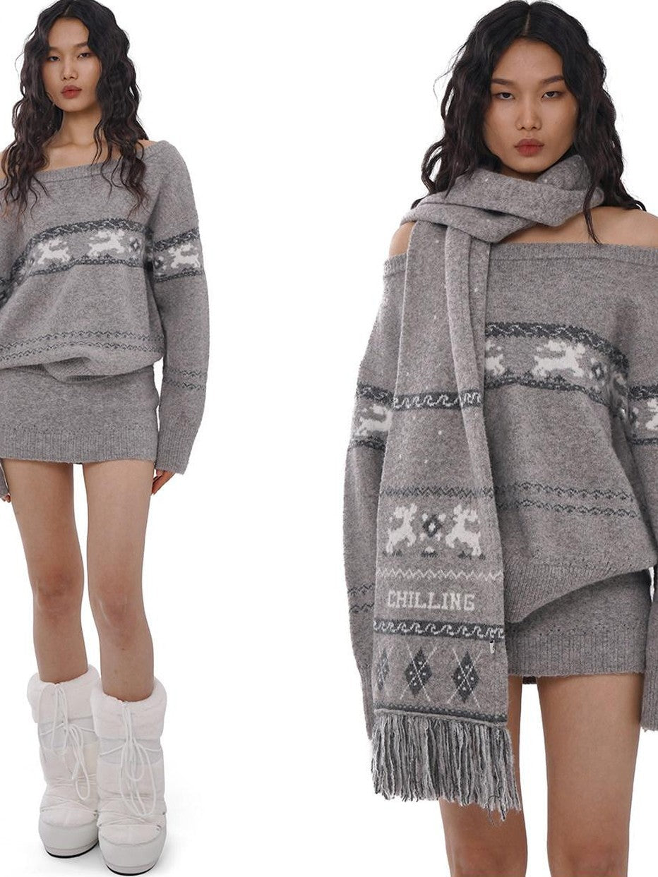 Reindeer Jacquard Loose Women's Acrylic Blend Off-shoulder Sweaters