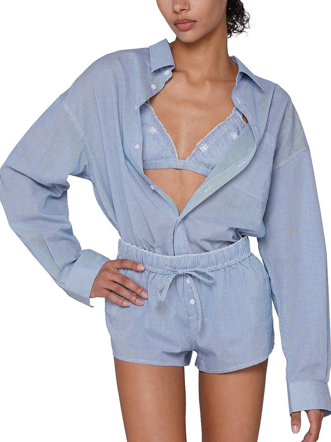 Resort Embroidered Boyfriend Shirt Women's Cotton Casual Top & Shorts Sets