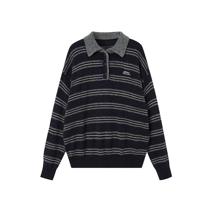 Retro Striped Polo Collar Loose Fit Women's Mohair Blend Sweaters