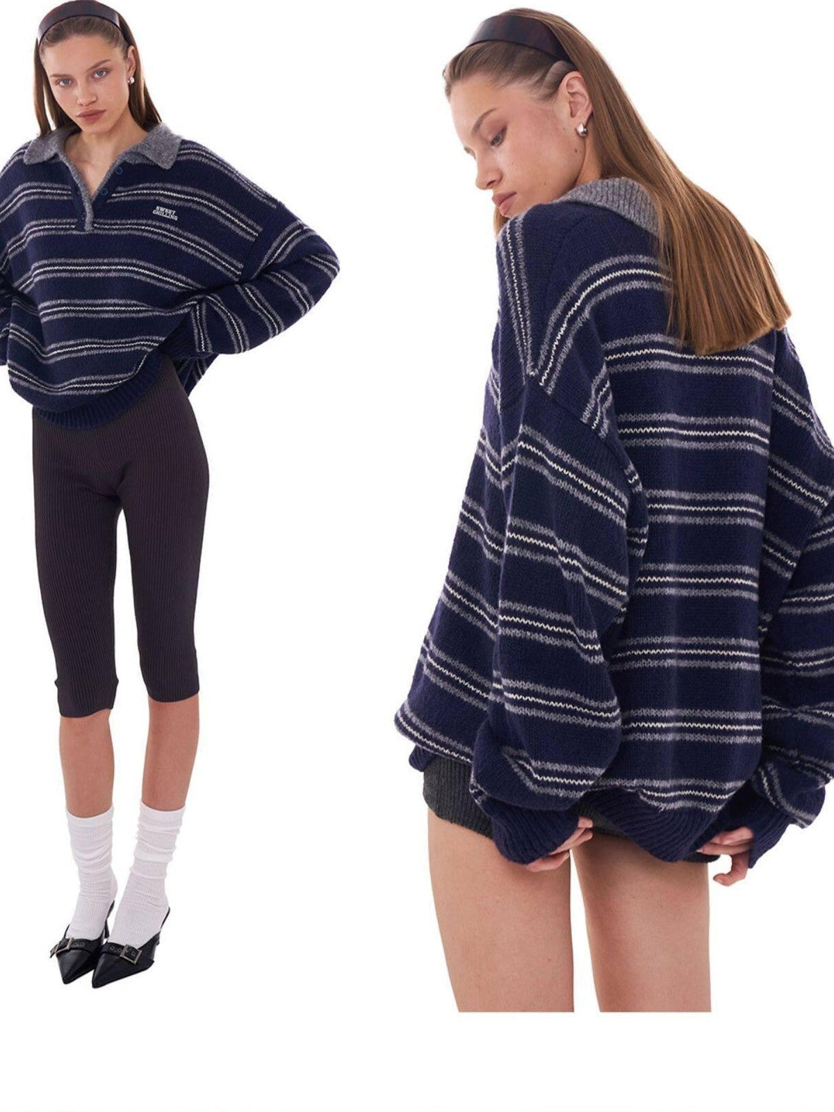 Retro Striped Polo Collar Loose Fit Women's Mohair Blend Sweaters