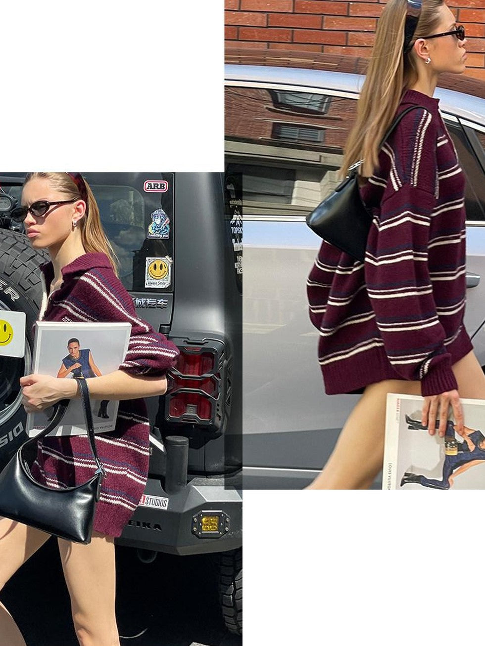 Retro Striped Polo Collar Loose Fit Women's Mohair Blend Sweaters