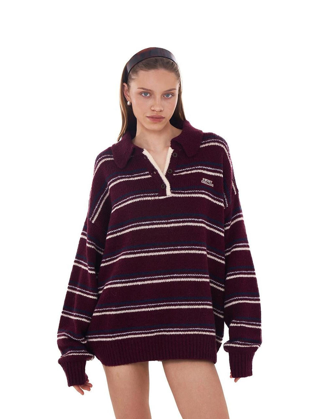 Retro Striped Polo Collar Loose Fit Women's Mohair Blend Sweaters