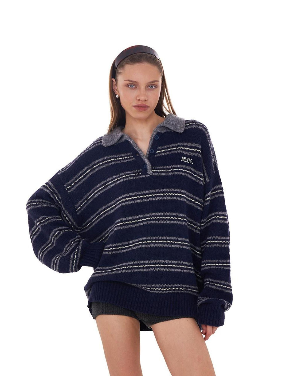 Retro Striped Polo Collar Loose Fit Women's Mohair Blend Sweaters