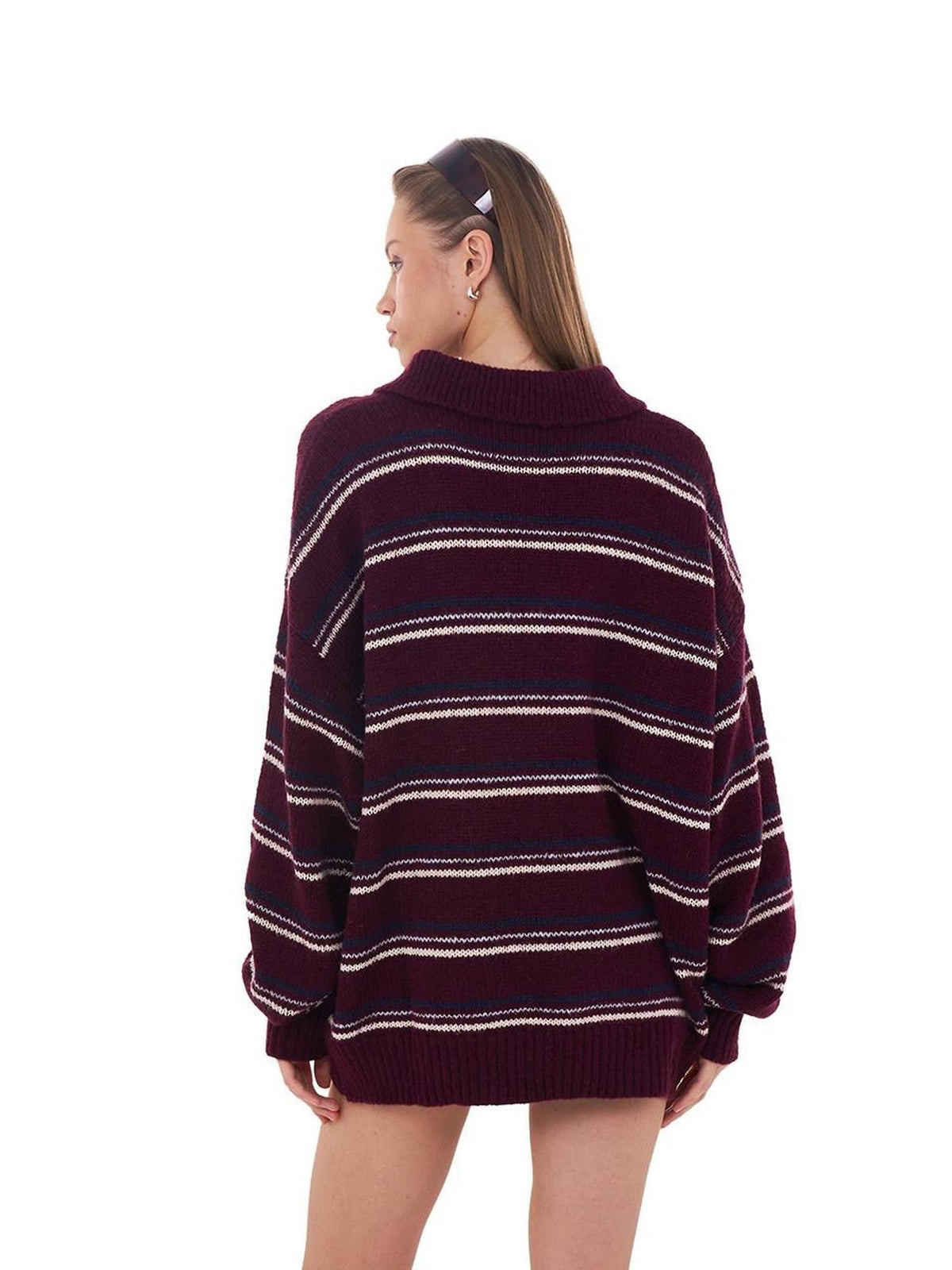 Retro Striped Polo Collar Loose Fit Women's Mohair Blend Sweaters