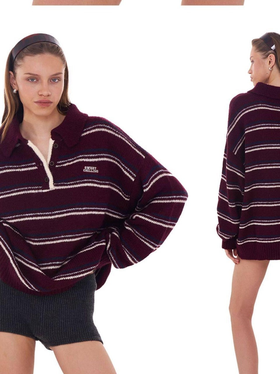 Retro Striped Polo Collar Loose Fit Women's Mohair Blend Sweaters