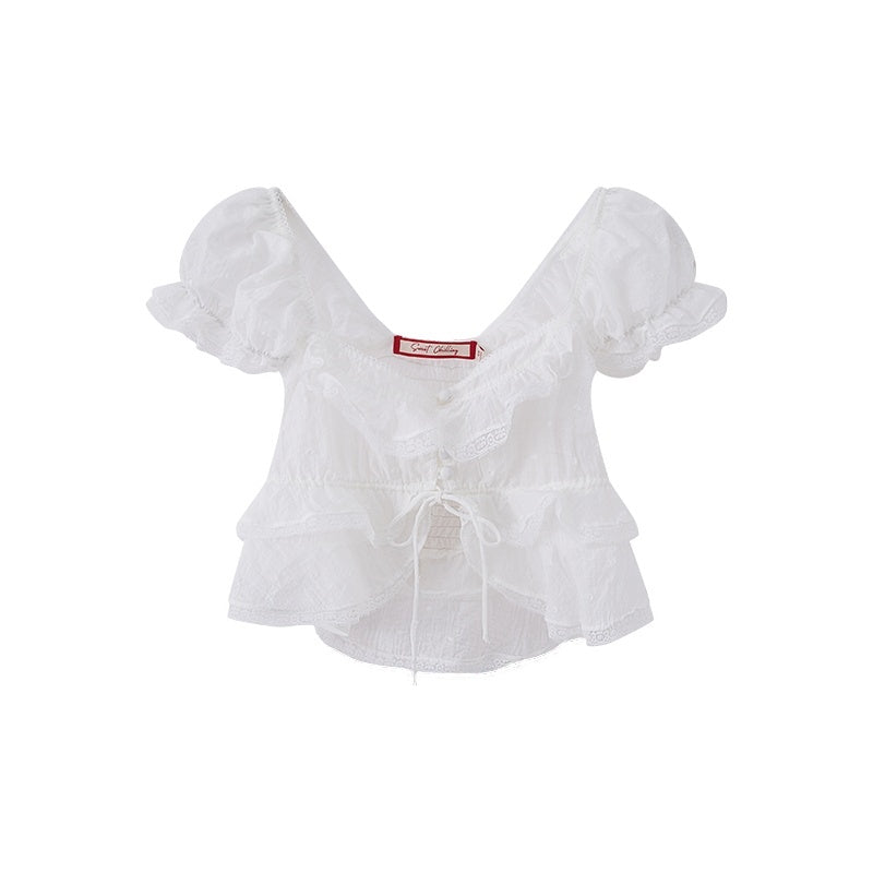 Ruffle Collar Spliced Lace Buttoned Sleeveless Fitted Women's Cotton Crop Tops