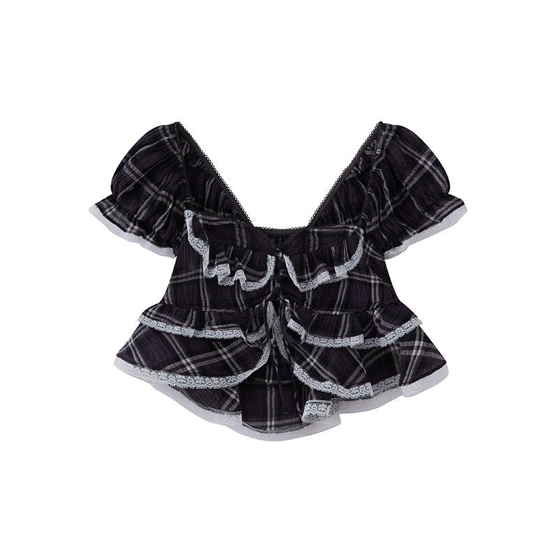 Ruffle Collar Spliced Lace Buttoned Sleeveless Fitted Women's Cotton Crop Tops