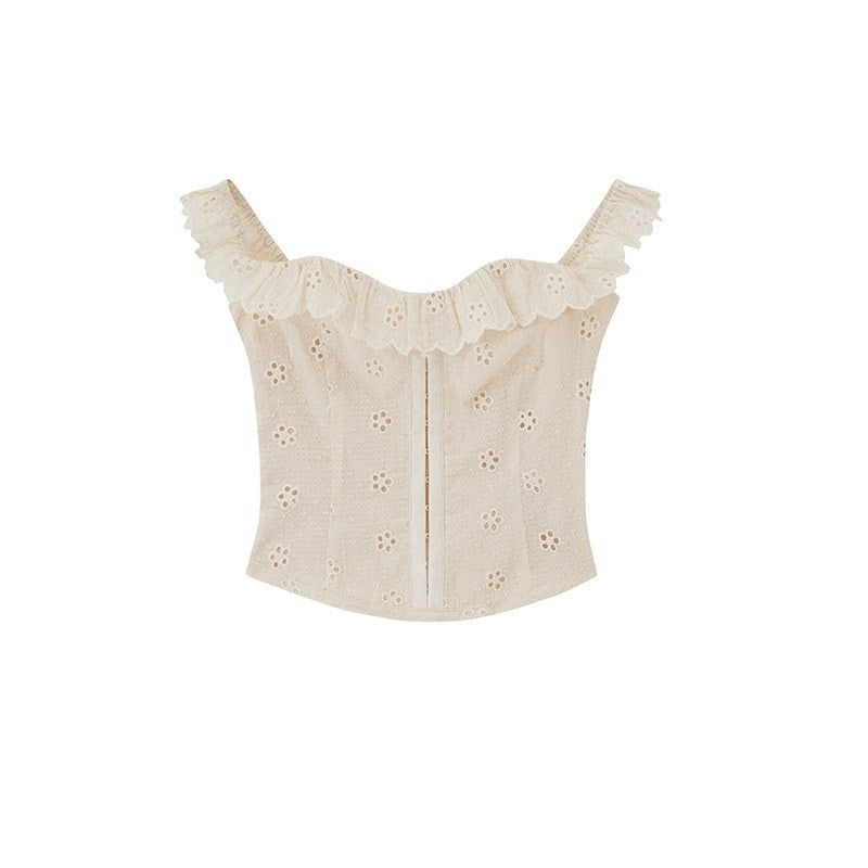 Ruffle Embroidered Cinched Waist Slimming Women's Cotton Cropped Camisoles