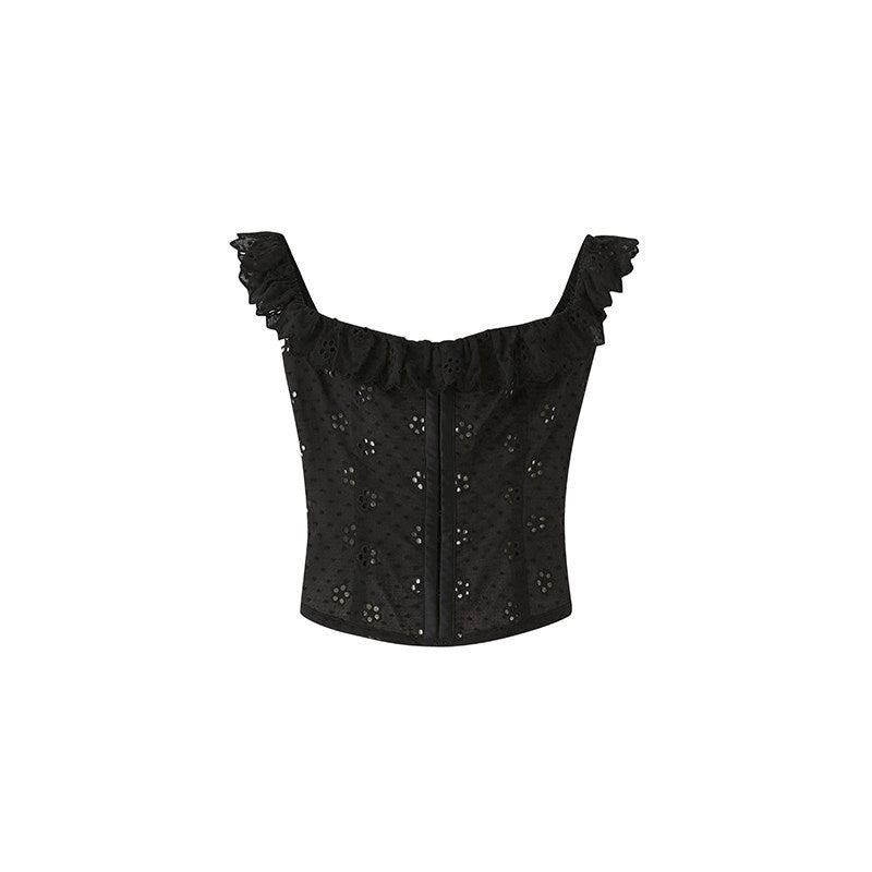 Ruffle Embroidered Cinched Waist Slimming Women's Cotton Cropped Camisoles