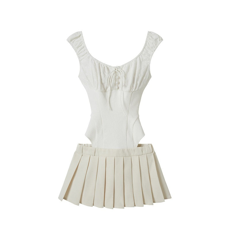 Sporty Pleated Spliced Cutout Waist Cinch Women's Cotton Corset Mini Dresses