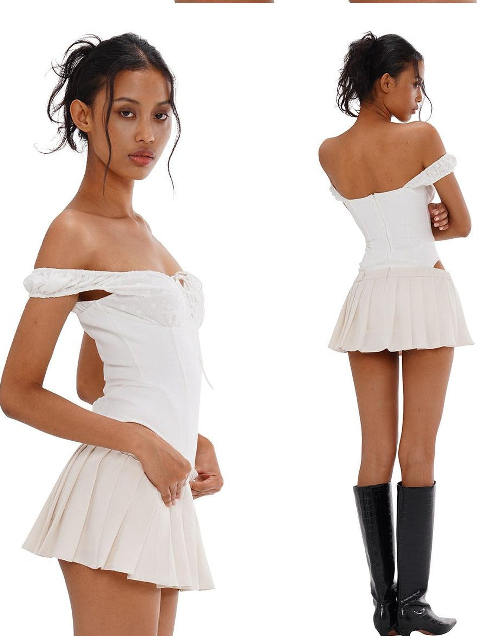 Sporty Pleated Spliced Cutout Waist Cinch Women's Cotton Corset Mini Dresses