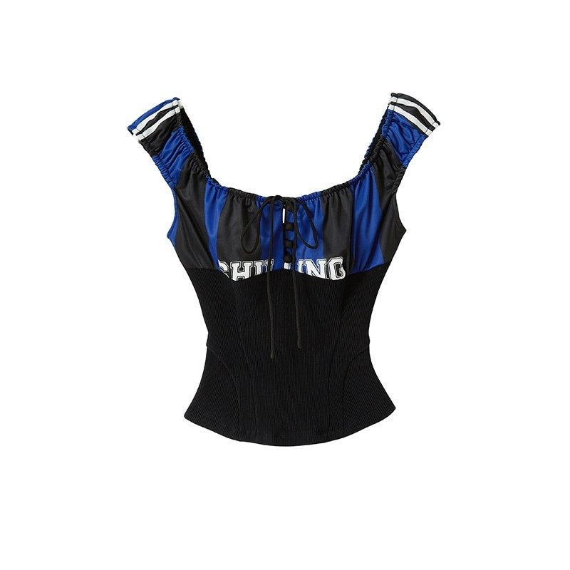 Sporty Spliced Waist Cinch V-neck Printed Cropped Women's Cotton Camisoles