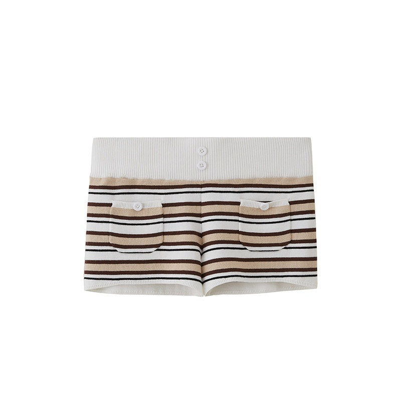 Striped Boat Neck Waist Knit Women's Viscose Casual Top & Shorts Sets