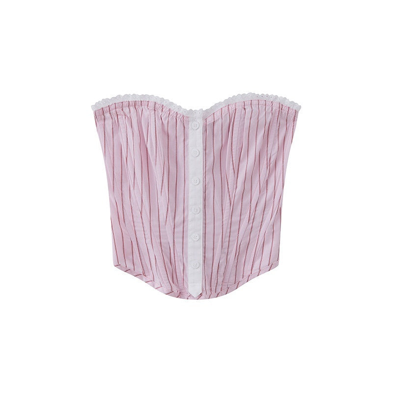 Striped Cropped Shirt Boned Corset Cotton Women's Matching Skirt Sets