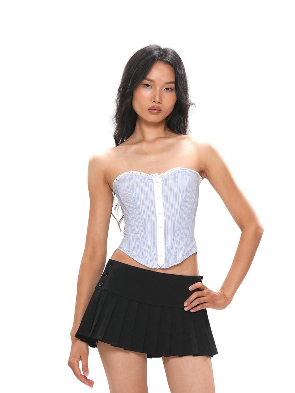 Striped Cropped Shirt Boned Corset Cotton Women's Matching Skirt Sets