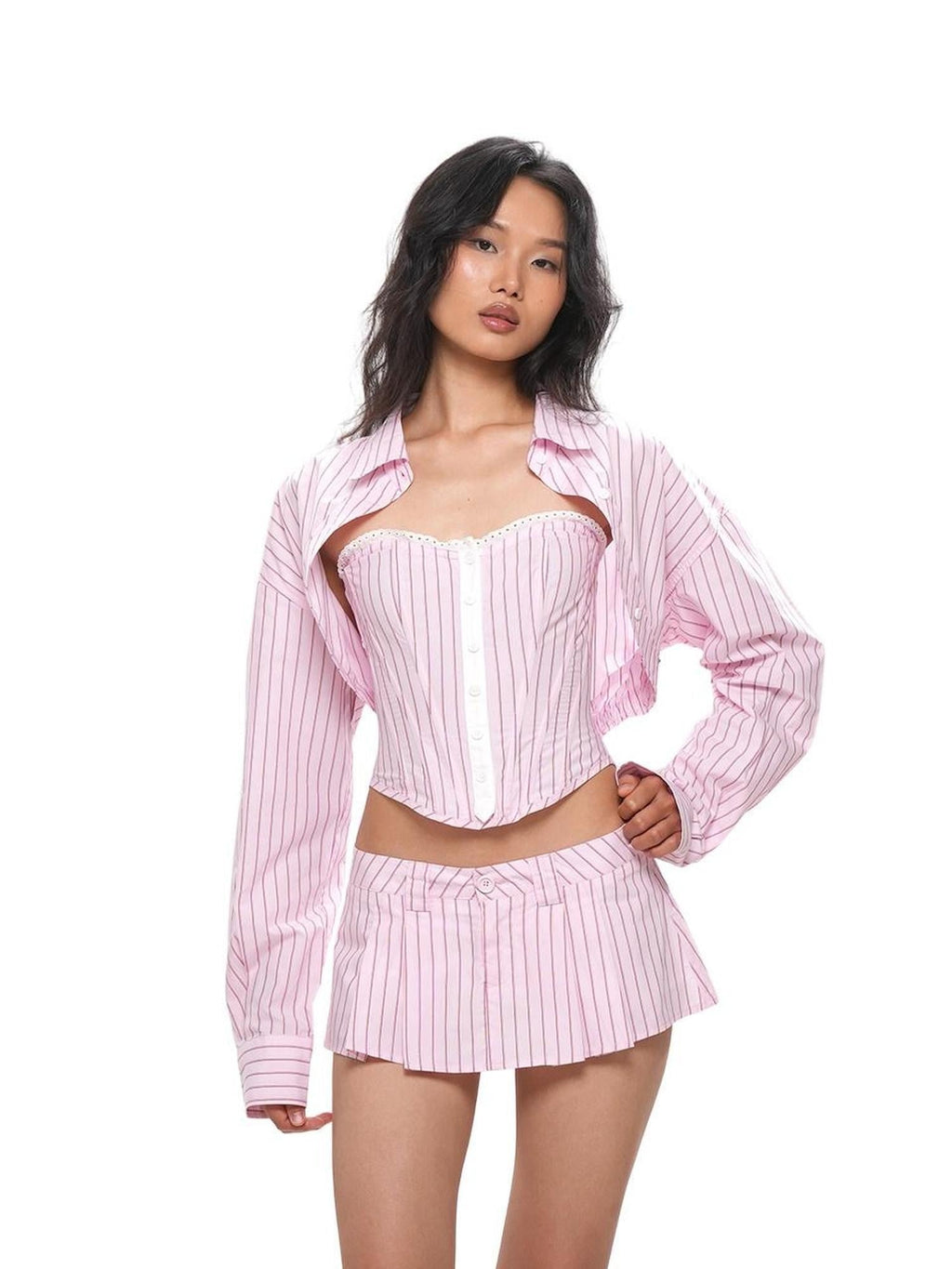 Striped Cropped Shirt Boned Corset Cotton Women's Matching Skirt Sets