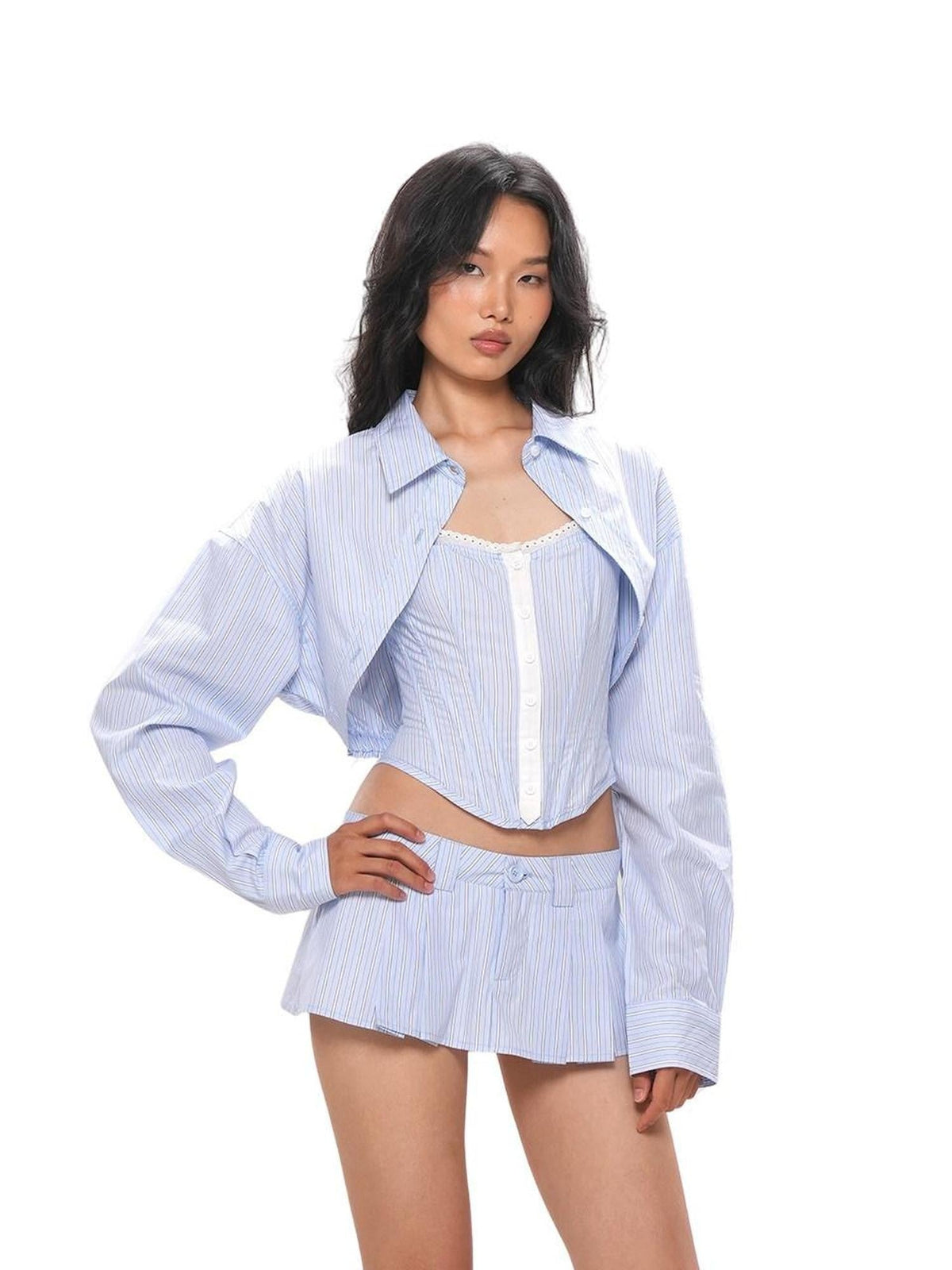 Striped Cropped Shirt Boned Corset Cotton Women's Matching Skirt Sets