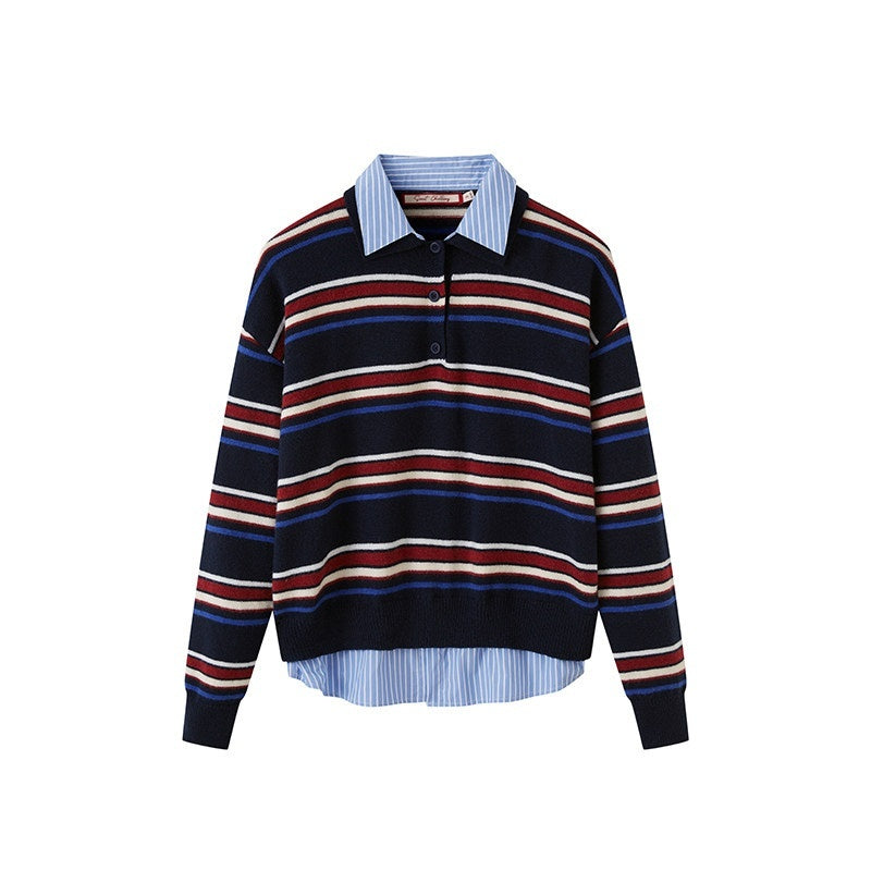 Striped Polo Collar Faux Two Piece Women's Polyester Blend Pullover Sweaters
