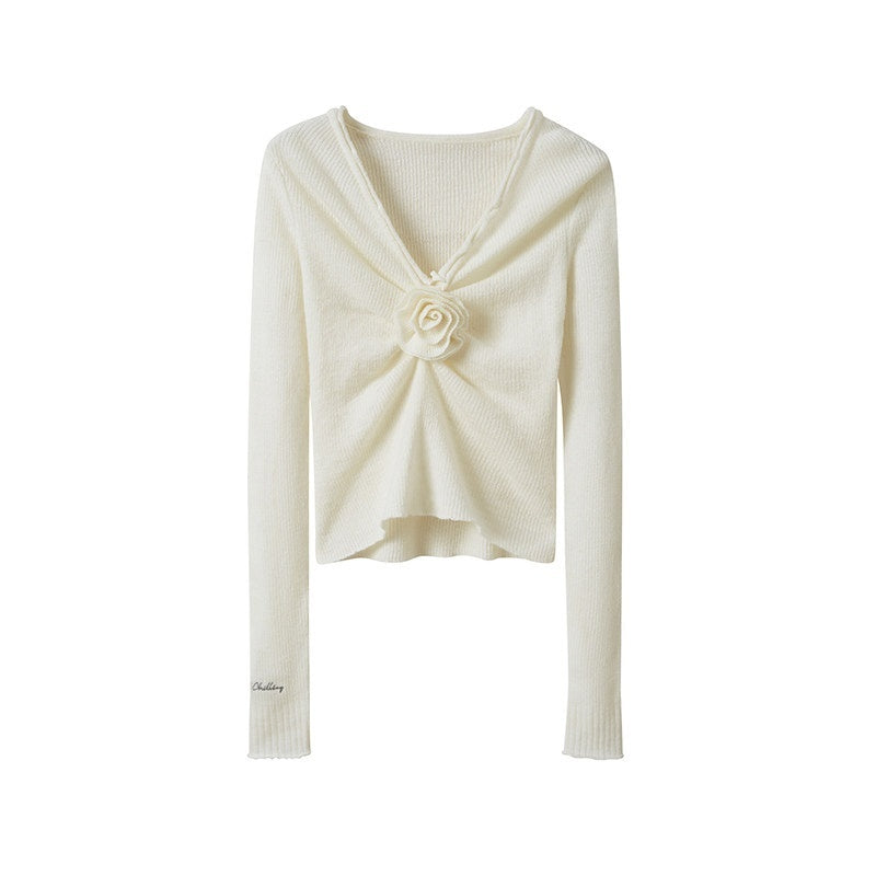V-neck Front Pleated Rose Embellishment Women's Acrylic Blend Sweaters