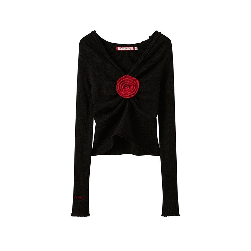 V-neck Front Pleated Rose Embellishment Women's Acrylic Blend Sweaters