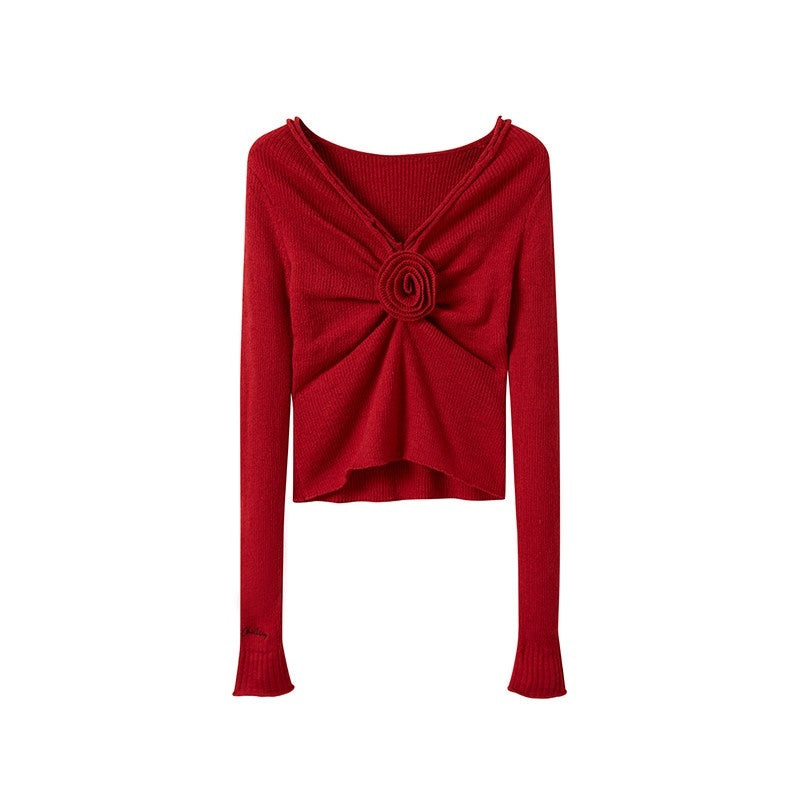 V-neck Front Pleated Rose Embellishment Women's Acrylic Blend Sweaters