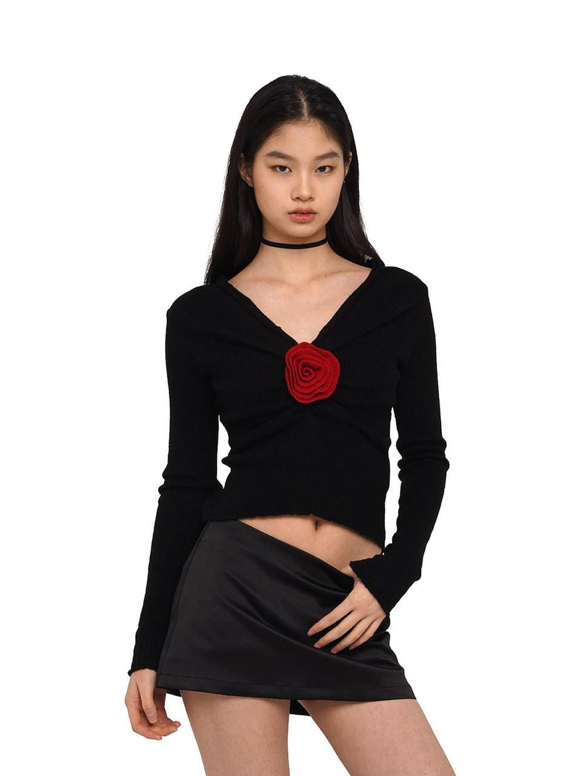 V-neck Front Pleated Rose Embellishment Women's Acrylic Blend Sweaters