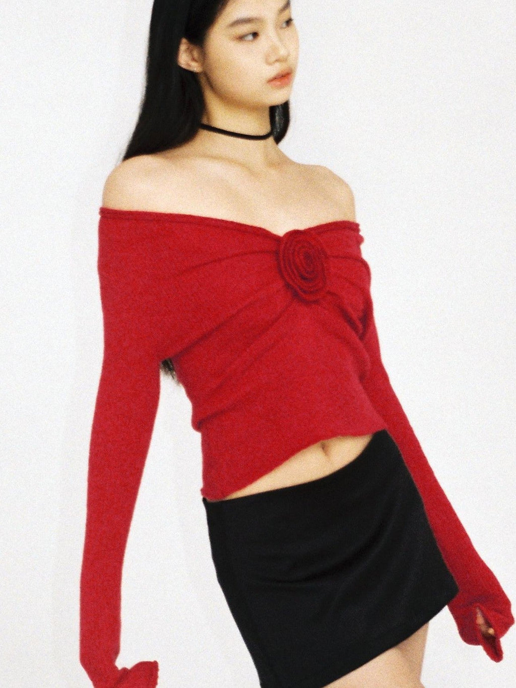 V-neck Front Pleated Rose Embellishment Women's Acrylic Blend Sweaters