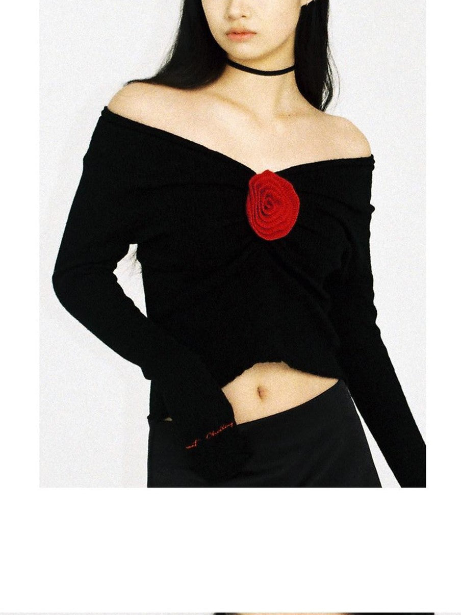 V-neck Front Pleated Rose Embellishment Women's Acrylic Blend Sweaters