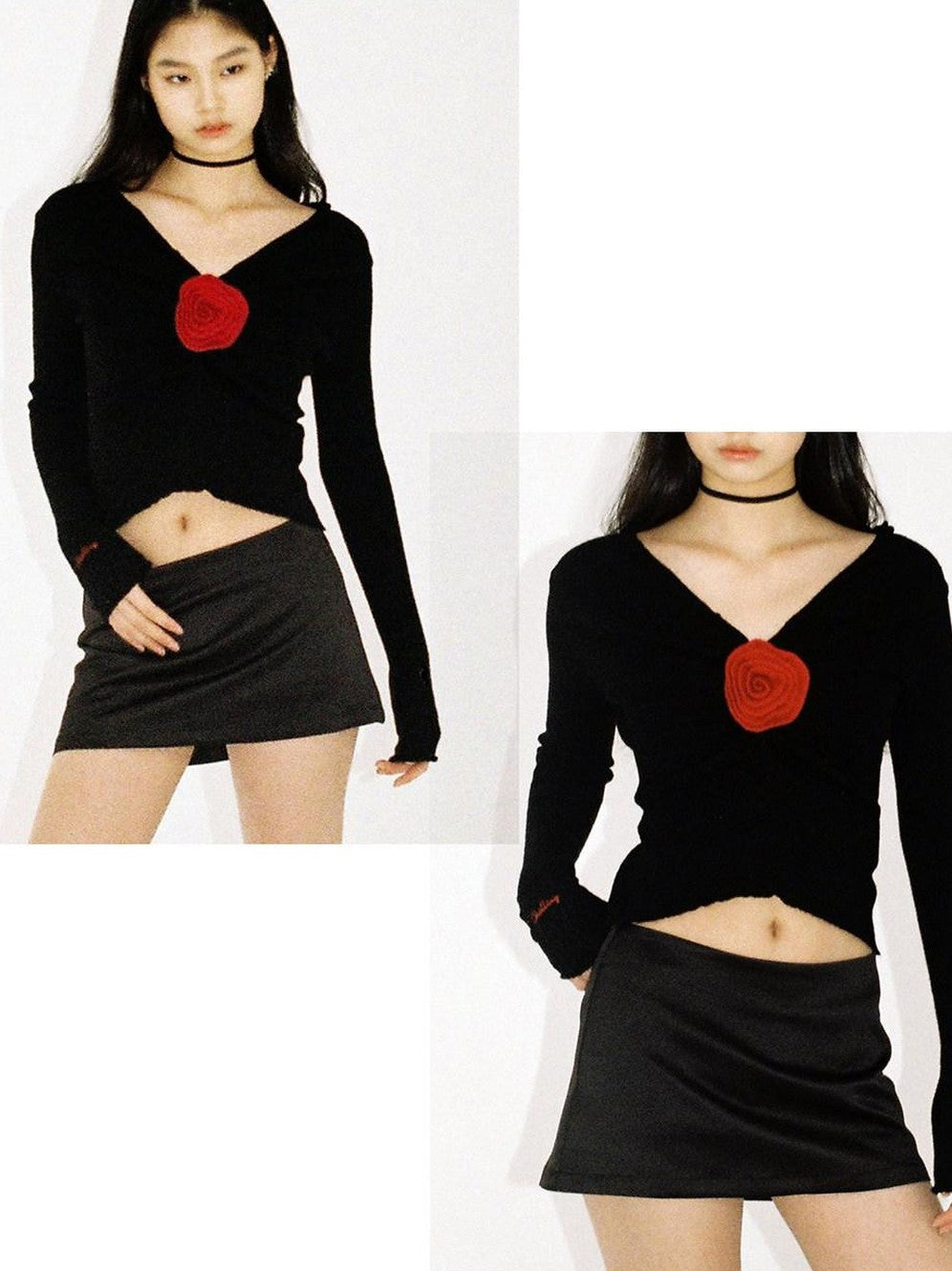 V-neck Front Pleated Rose Embellishment Women's Acrylic Blend Sweaters