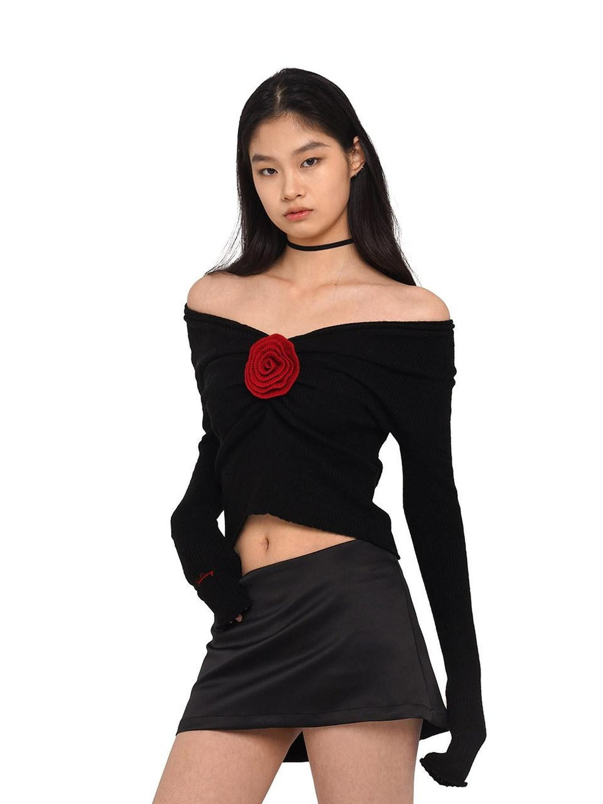 V-neck Front Pleated Rose Embellishment Women's Acrylic Blend Sweaters