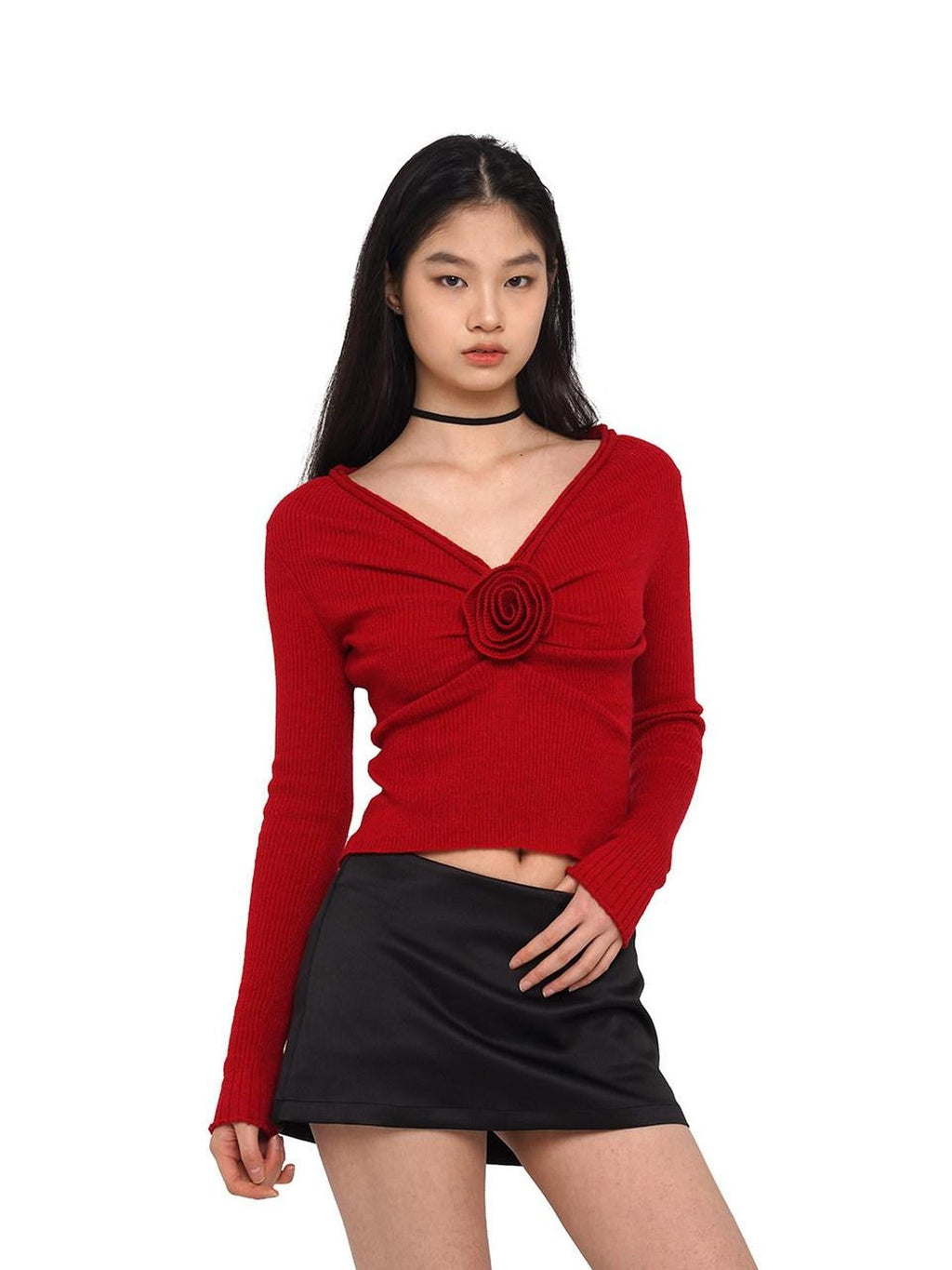 V-neck Front Pleated Rose Embellishment Women's Acrylic Blend Sweaters