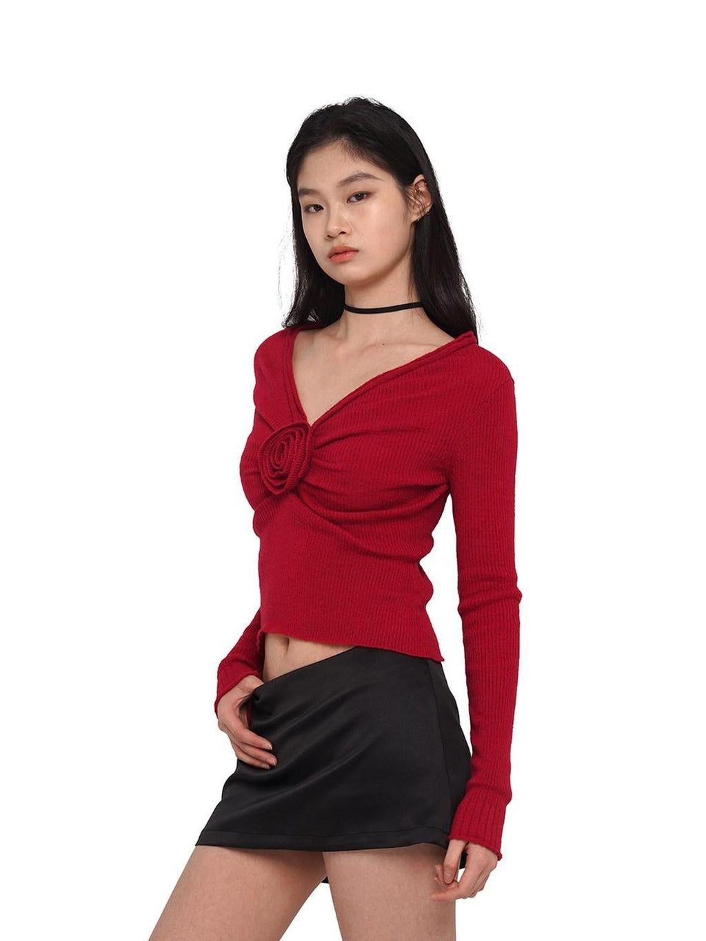 V-neck Front Pleated Rose Embellishment Women's Acrylic Blend Sweaters