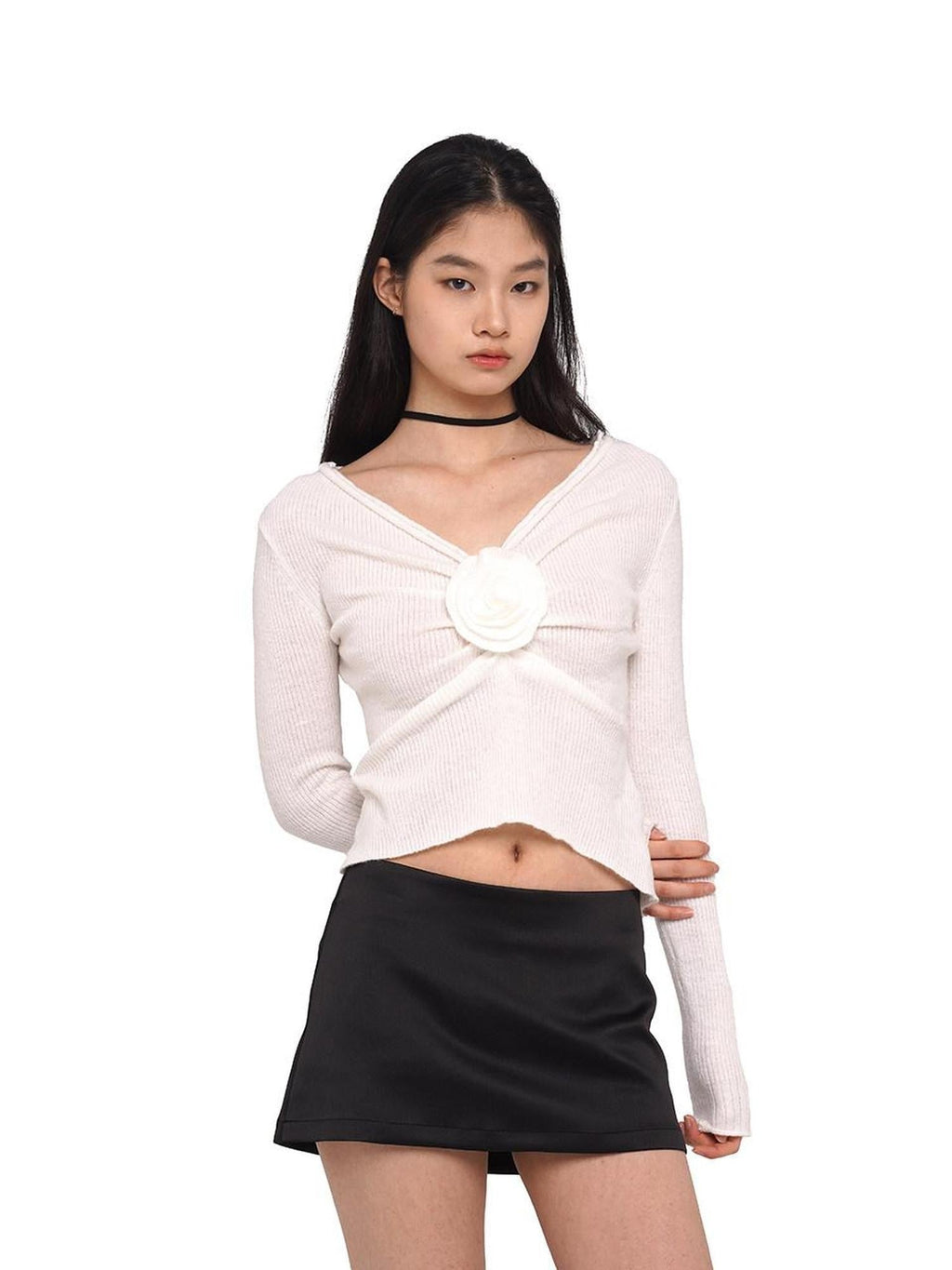 V-neck Front Pleated Rose Embellishment Women's Acrylic Blend Sweaters