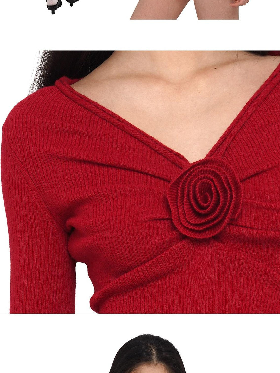 V-neck Front Pleated Rose Embellishment Women's Acrylic Blend Sweaters