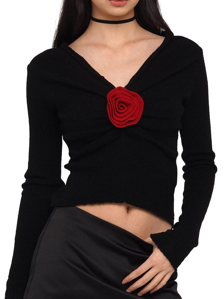 V-neck Front Pleated Rose Embellishment Women's Acrylic Blend Sweaters