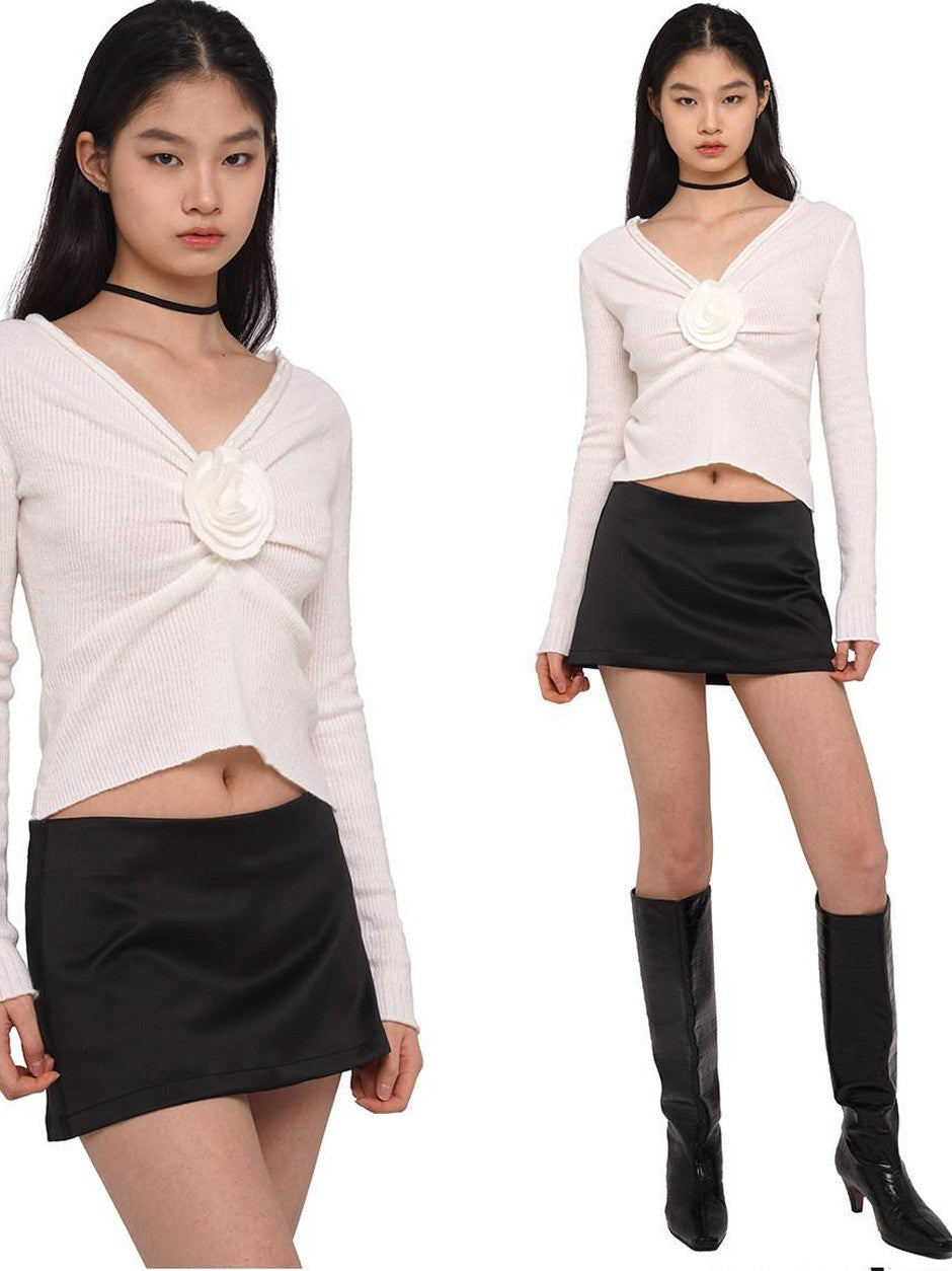 V-neck Front Pleated Rose Embellishment Women's Acrylic Blend Sweaters